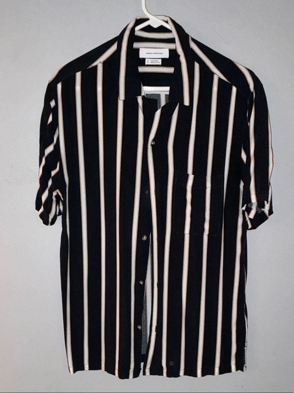 Urban Outfitters Black Short-Sleeve Button-Up with Cream Stripes